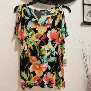 Rafaella Ladies Petite Black Floral Print Casual Dolman Sleeve Blouse - LP